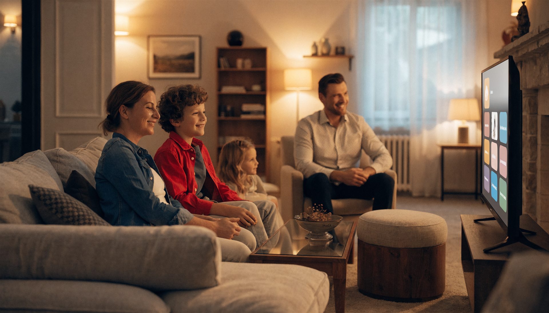 Familie schaut gemeinsam IPTV in einem gemütlichen Wohnzimmer