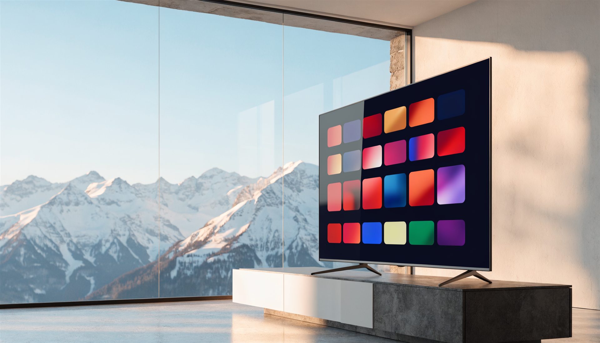 Smart TV mit IPTV-Streaming in einem modernen Wohnzimmer mit Blick auf die österreichischen Alpen