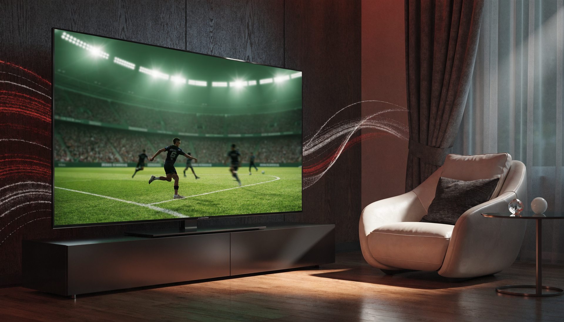Live-Sport auf einem Fernseher im Wohnzimmer, generische Stadionszene
